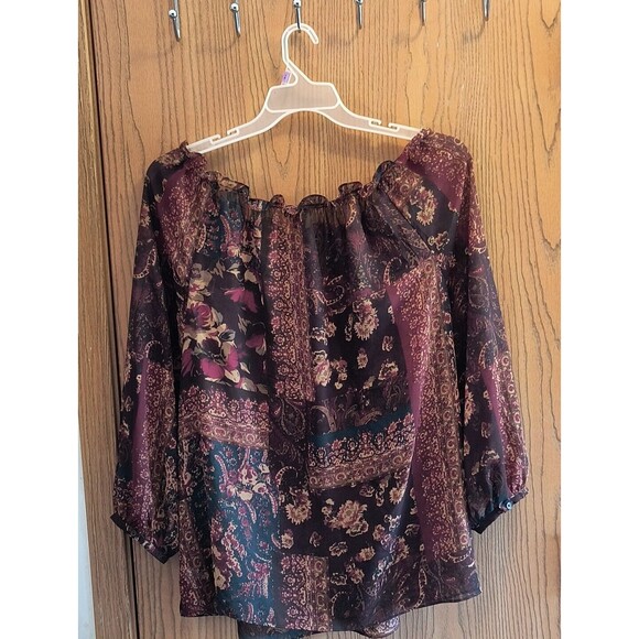 Chaps Women's Peasant Blouse Plus 2X Floral Chiffon Sheer 3/4 Sleeve Boho - Picture 2 of 6